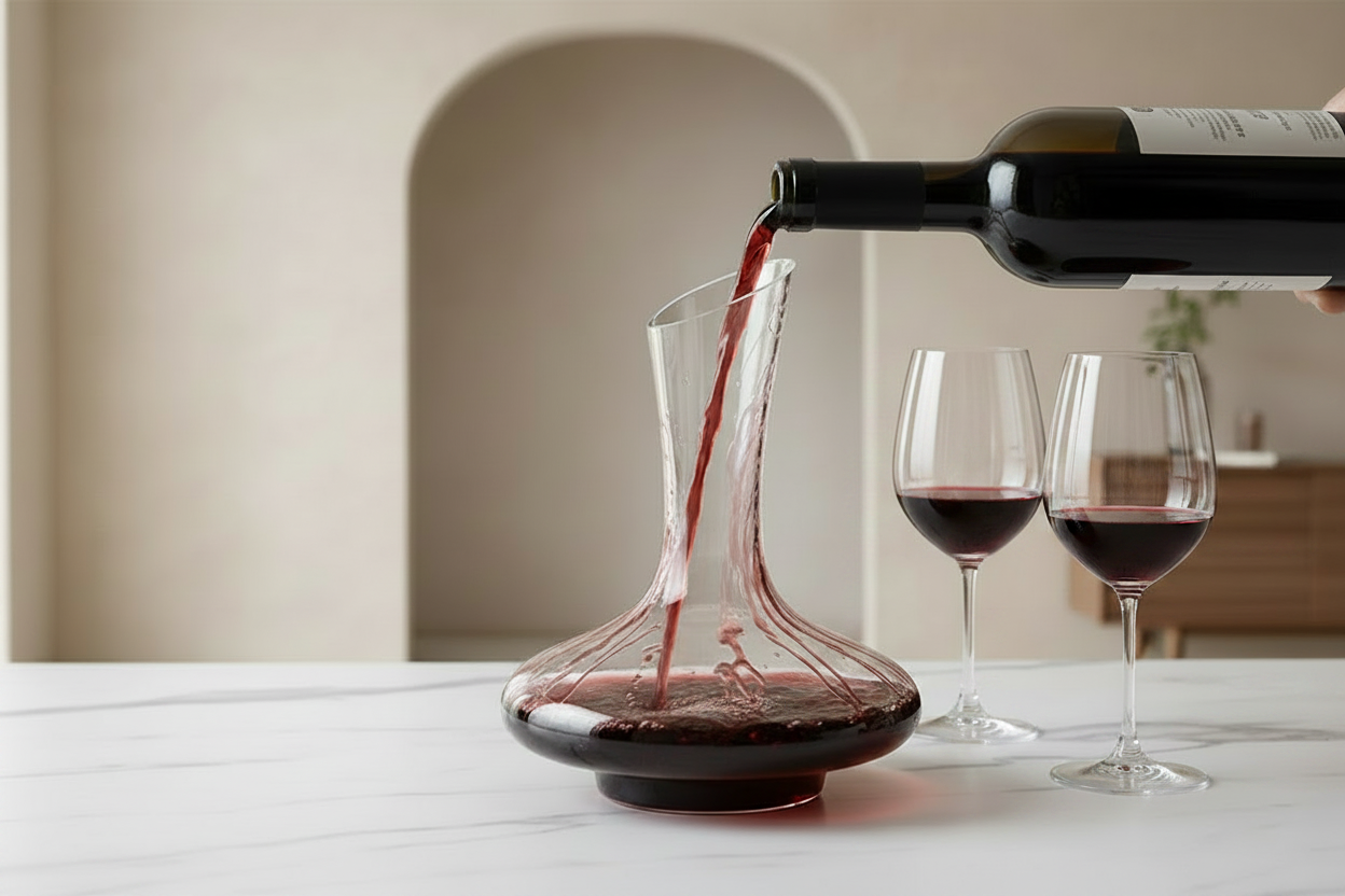 Tilted decanter with wine legs running down interior